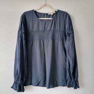 Loft Womens Navy Blue Round Neck Poet Long Sleeve Lace Detail Blouse Top Size L